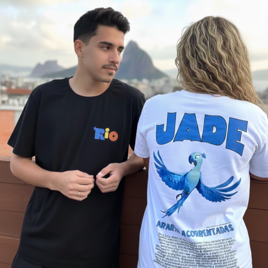 CONJUNTO CAMISETA DE CASAL RIO '' BLUE E JADE “ESTAMPA FRENTE E COSTAS"