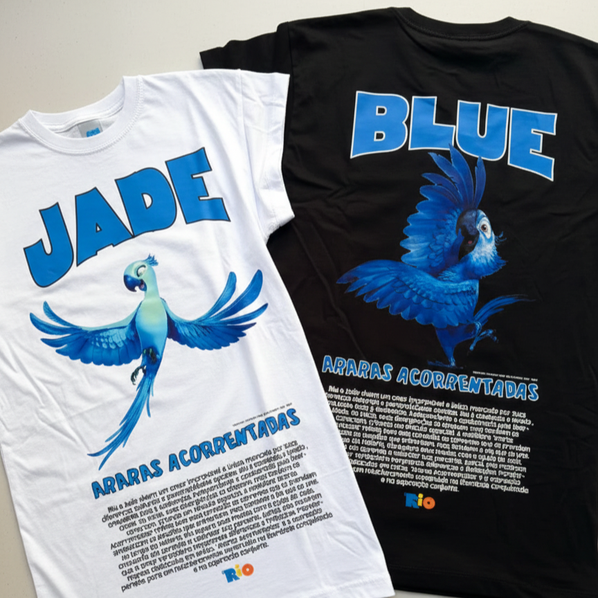CONJUNTO CAMISETA DE CASAL RIO '' BLUE E JADE “ESTAMPA FRENTE E COSTAS"