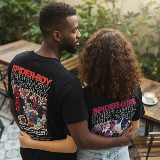 CONJUNTO CAMISETA DE CASAL HOMEM ARANHA '' SPIDER BOY E SPIDER GIRL“ ESTAMPA FRENTE E COSTAS