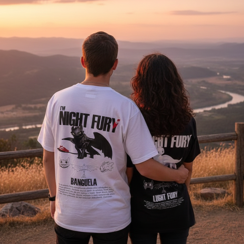 Conjunto Camisetas de Casal – “Banguela & Fúria da Luz” (Estampa Frente e Costas)