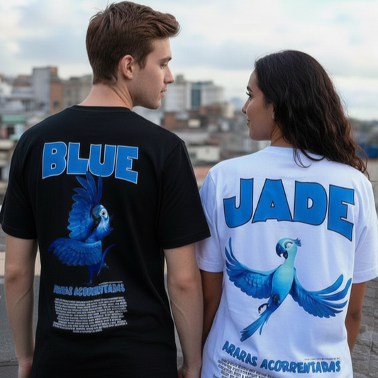 CONJUNTO CAMISETA DE CASAL RIO '' BLUE E JADE “ESTAMPA FRENTE E COSTAS"